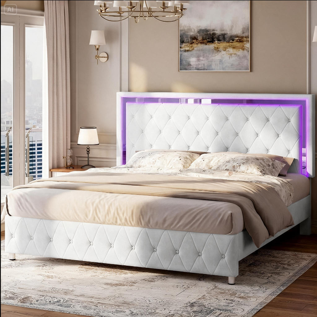 Queen Bed Frame with RGB LED Velvet Headboard