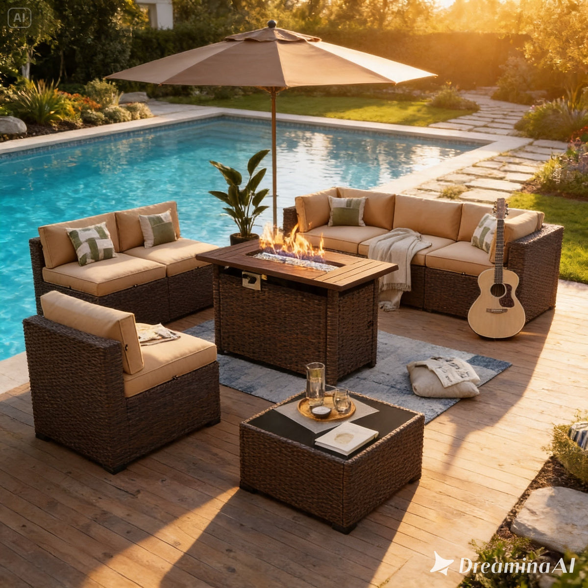 8-Piece Rattan Patio Set with 44" Propane Fire Pit Table