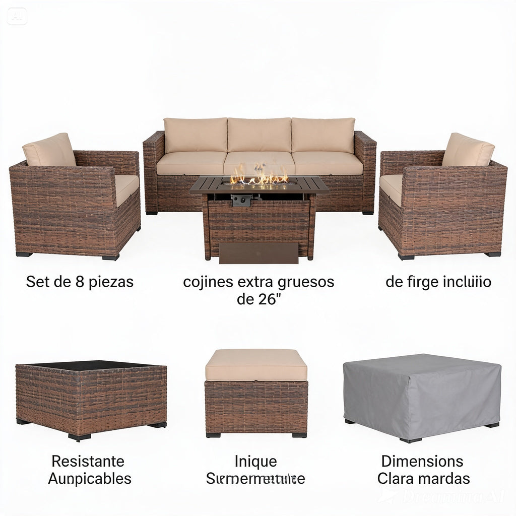 8-Piece Rattan Patio Set with 44" Propane Fire Pit Table