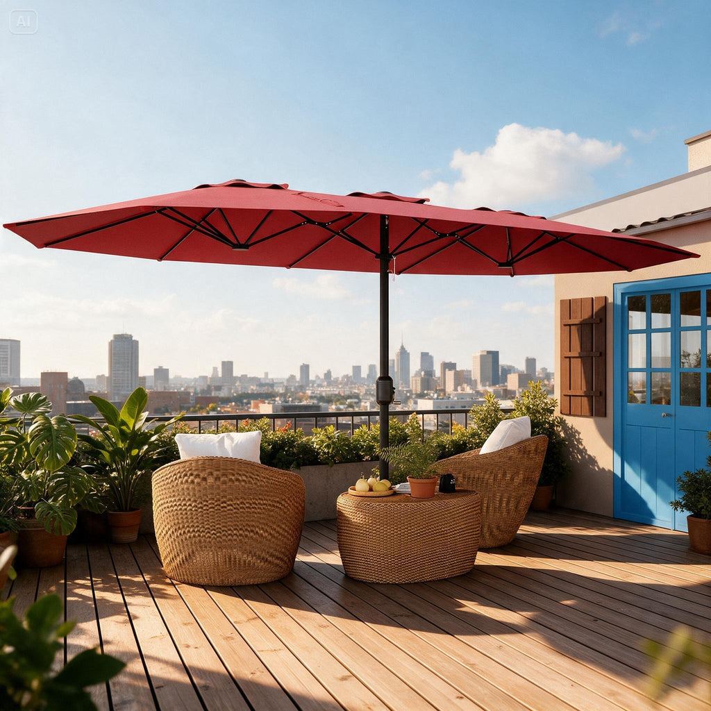 15FT Double-Sided Patio Umbrella with Base, UV-Resistant
