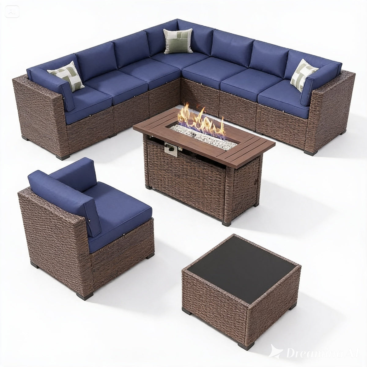8-Piece Rattan Patio Set with 44" Propane Fire Pit Table