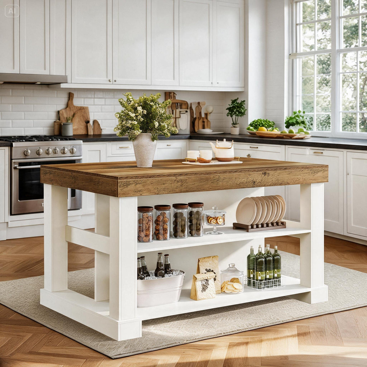 55" Farmhouse Kitchen Island with 3-Tier Storage & Large Countertop