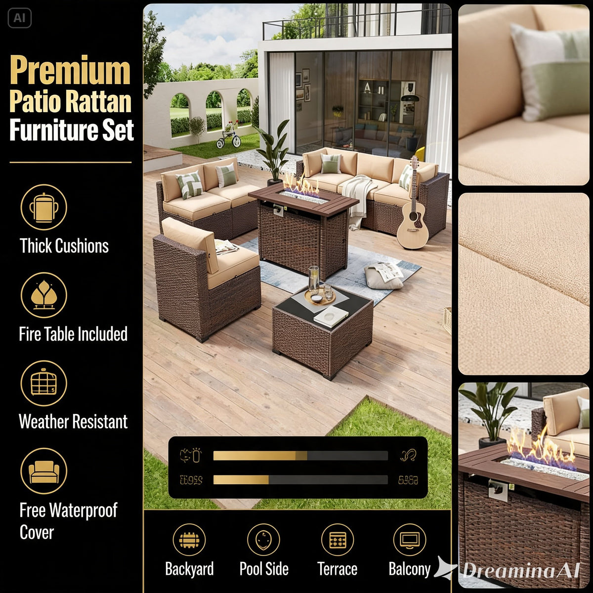 8-Piece Rattan Patio Set with 44" Propane Fire Pit Table