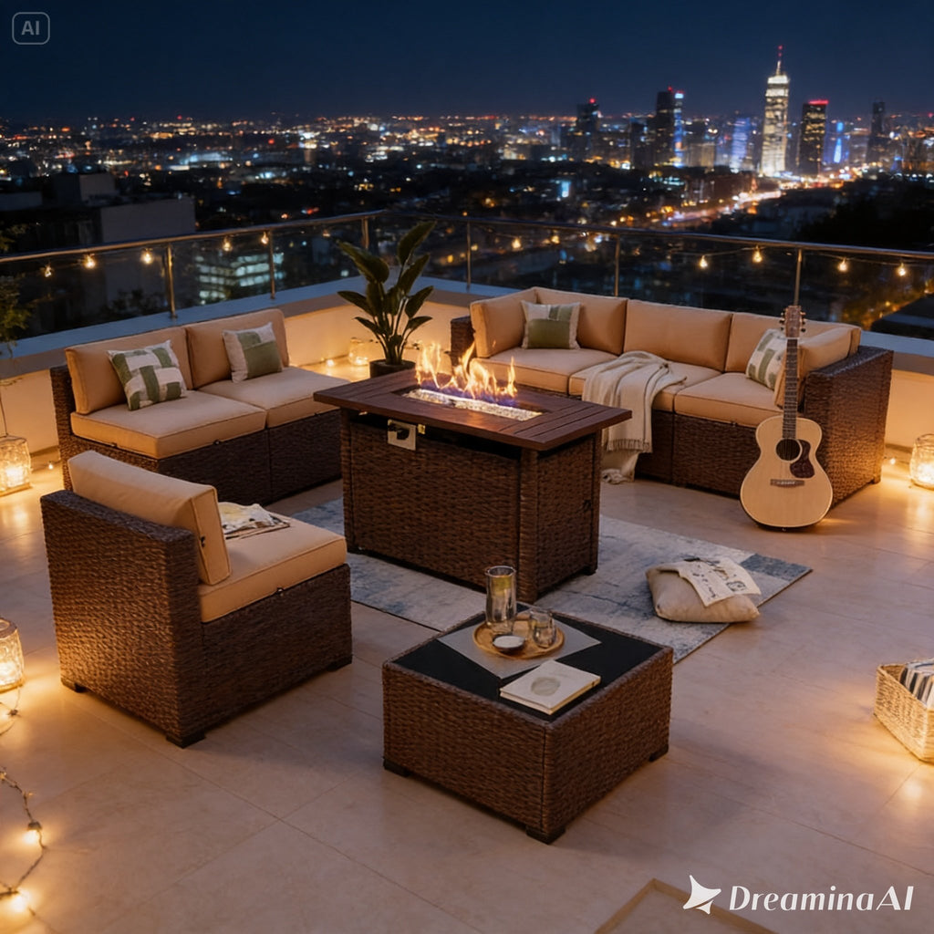 8-Piece Rattan Patio Set with 44" Propane Fire Pit Table
