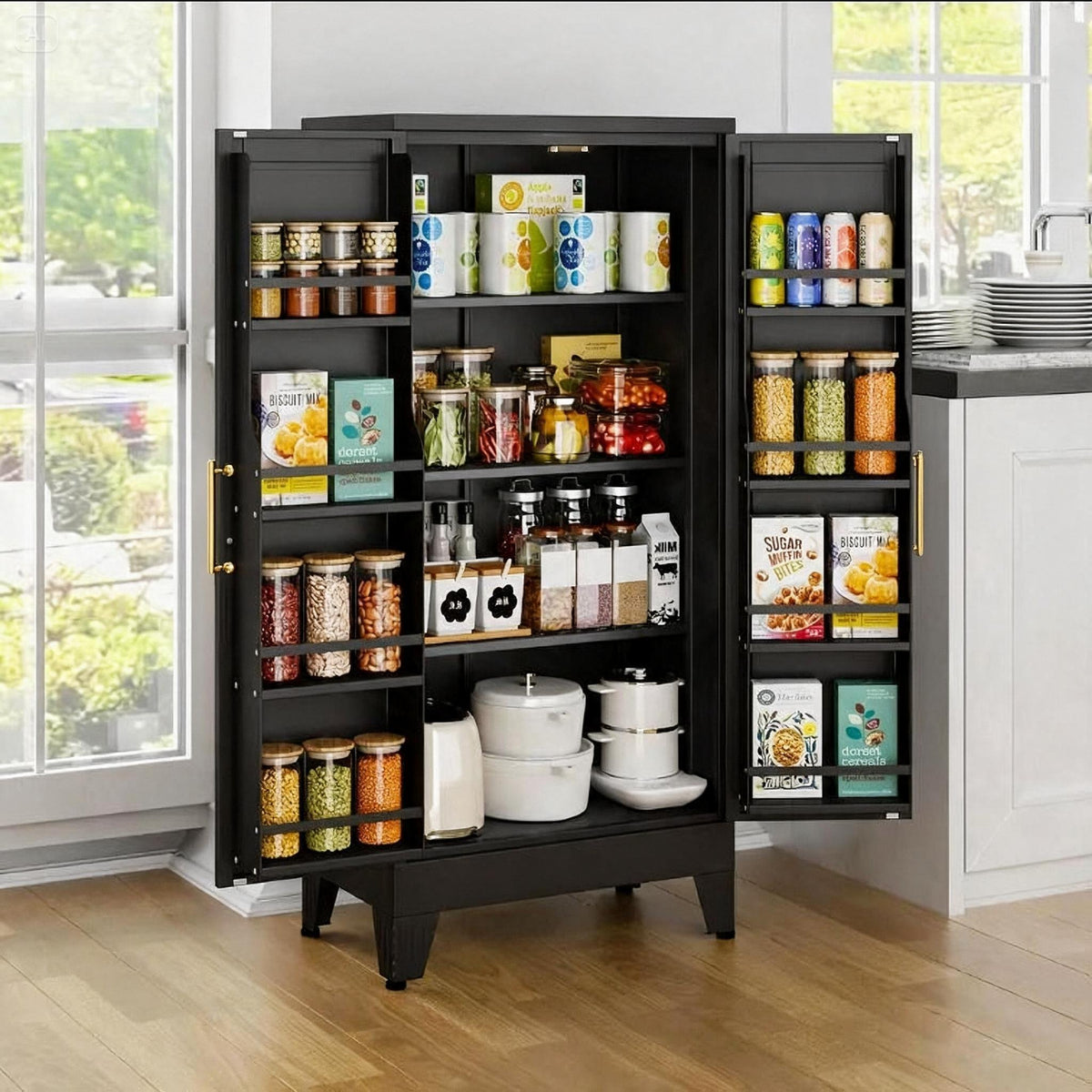48" Black Steel Pantry Cabinet with Adjustable Shelves
