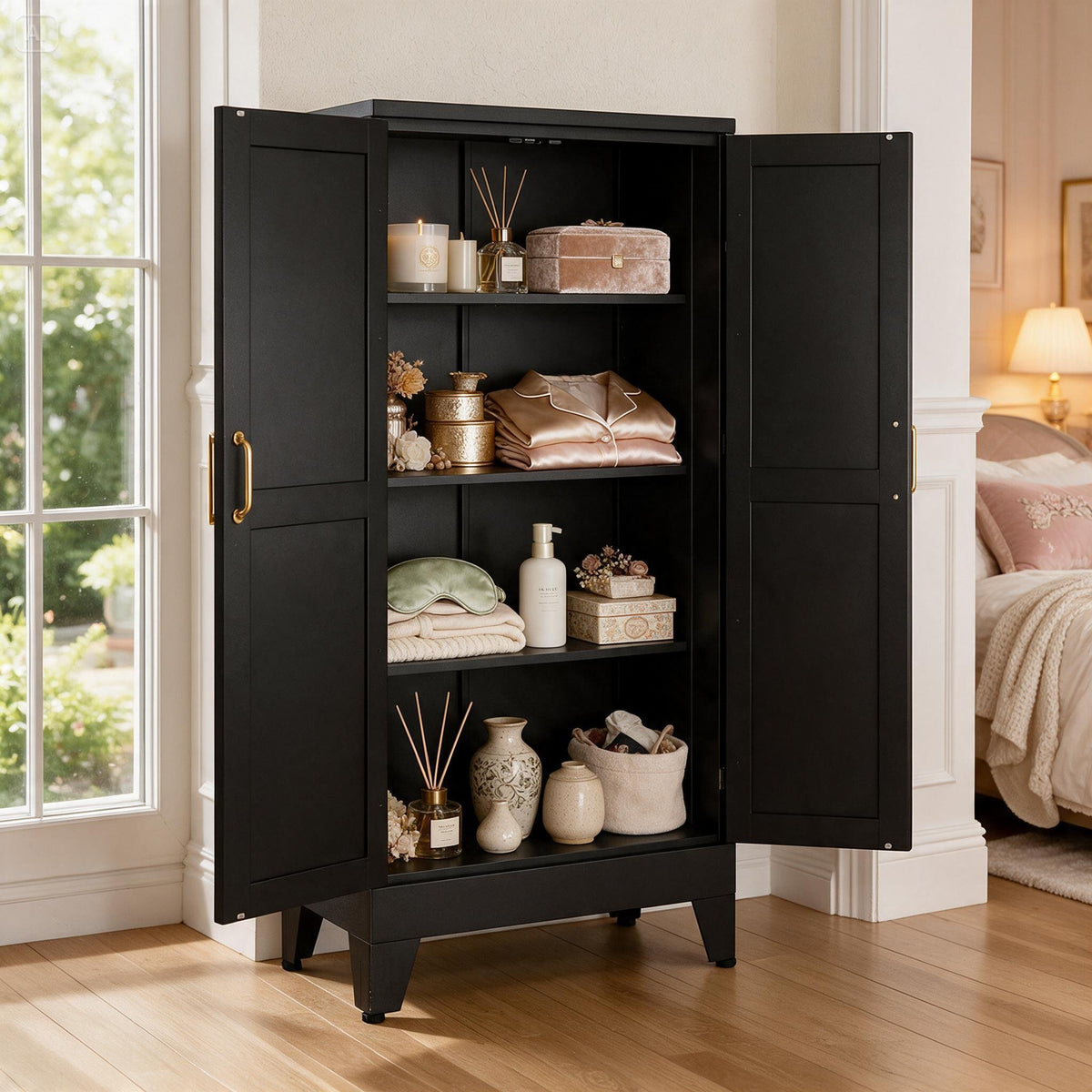48" Black Steel Pantry Cabinet with Adjustable Shelves