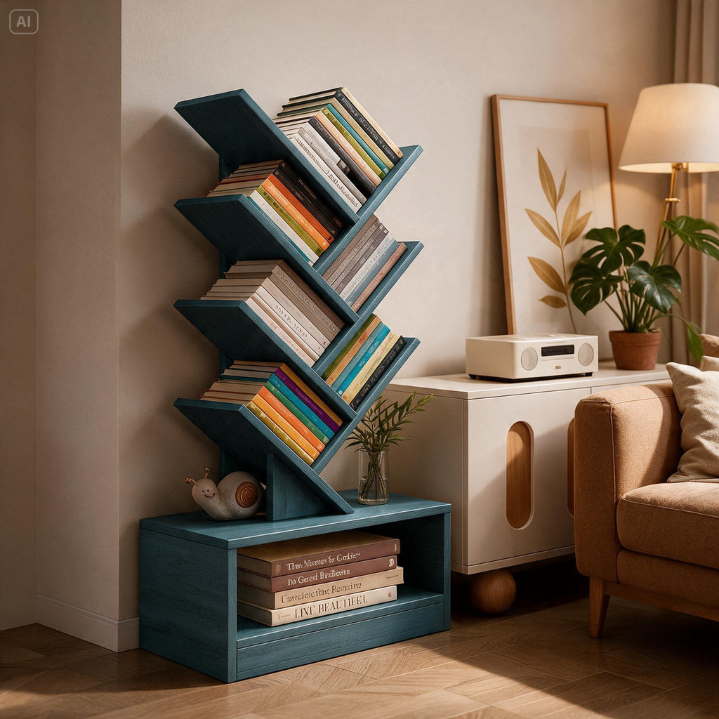 Tree-Inspired Bookshelf – Space-Saving, Natural, White or Teal