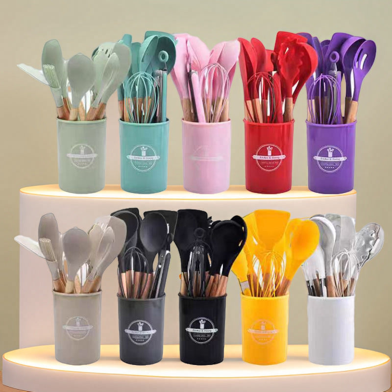 12-Piece Silicone Kitchen Utensil Set with Wooden Handles