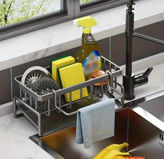 Black Stainless Steel Sink Caddy with Dishcloth Holder