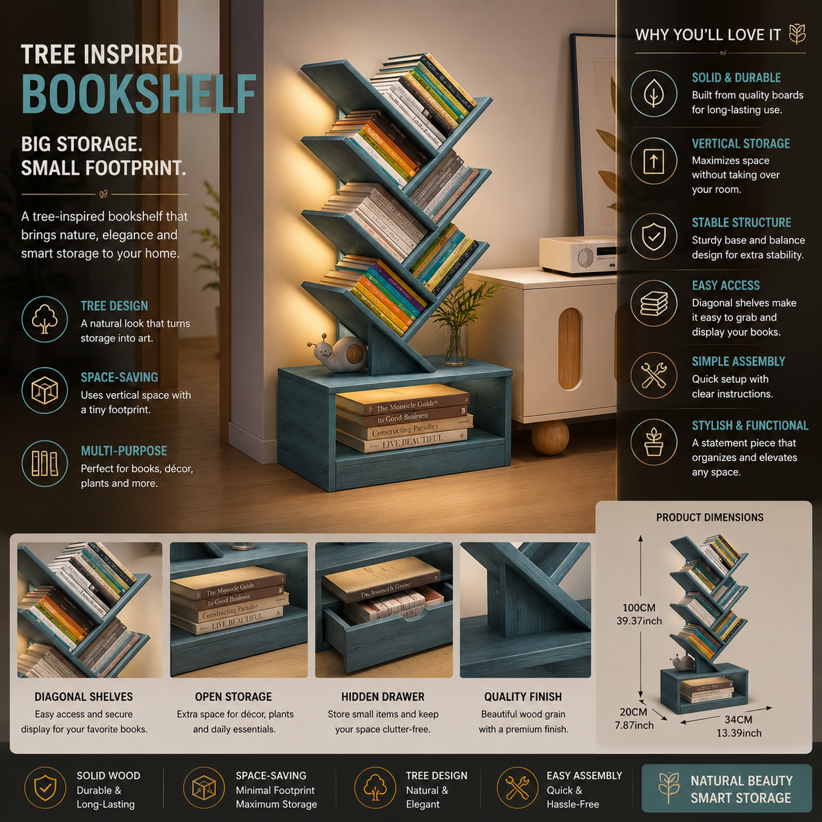 Tree-Inspired Bookshelf – Space-Saving, Natural, White or Teal
