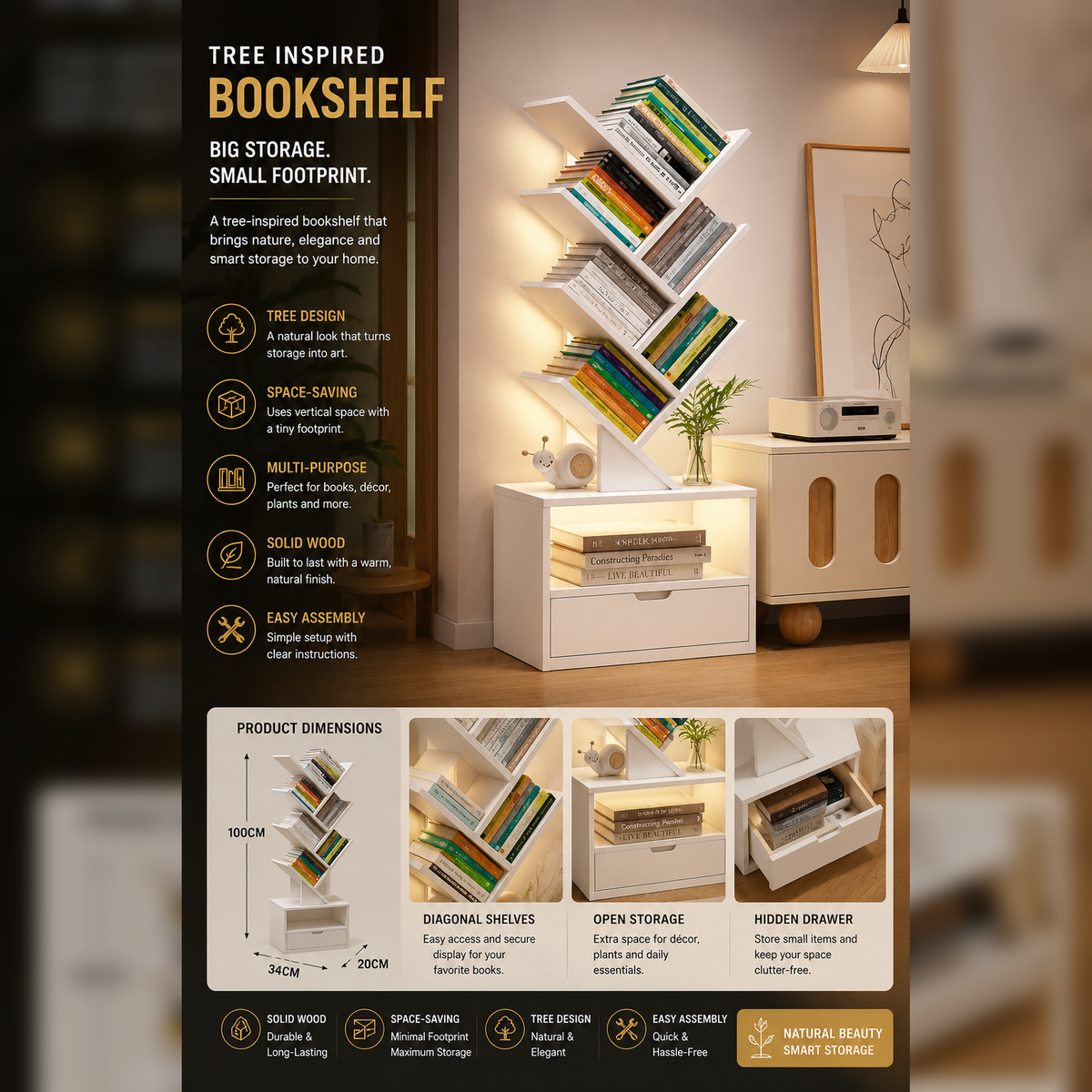 Tree-Inspired Bookshelf – Space-Saving, Natural, White or Teal
