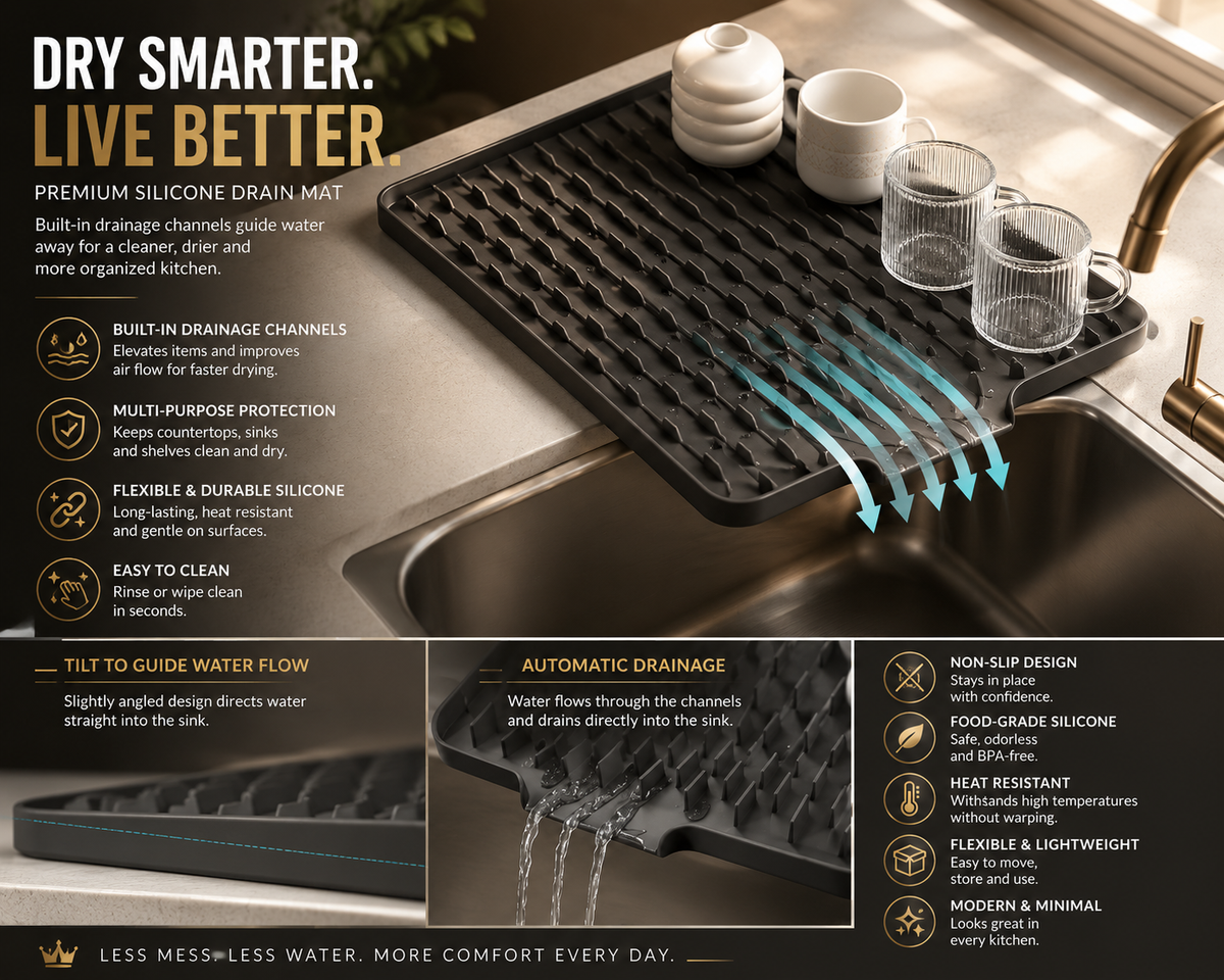 Silicone Drain Mat – Built-In Drainage for Dishes, Sink & Countertop