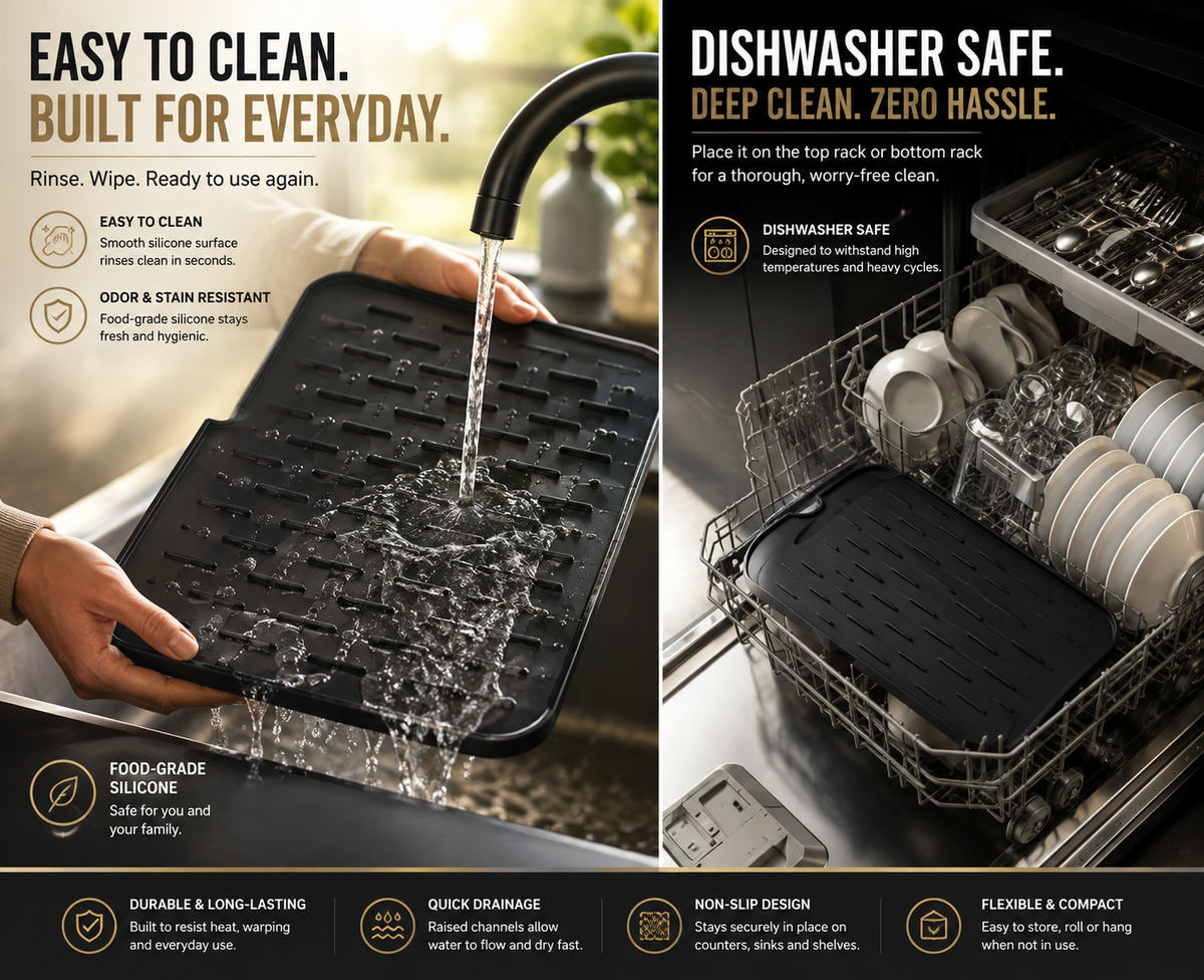 Silicone Drain Mat – Built-In Drainage for Dishes, Sink & Countertop